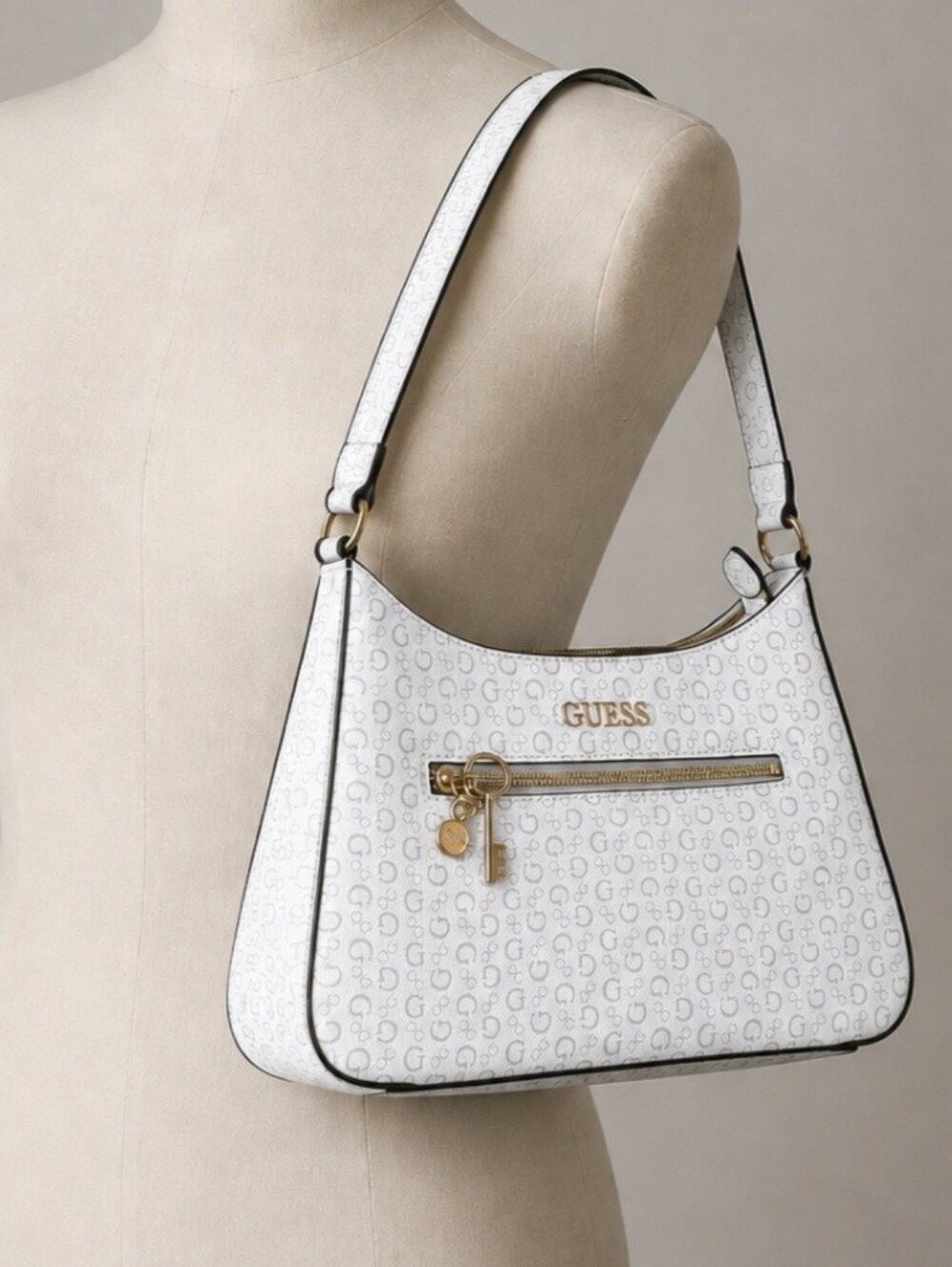 New Without Tags GUESS White Logo-Print Shoulder Bag with Gold Hardware